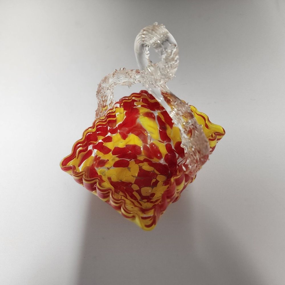 Vtg Czech Czechoslovakia Art Glass Orange Yellow Handled Basket